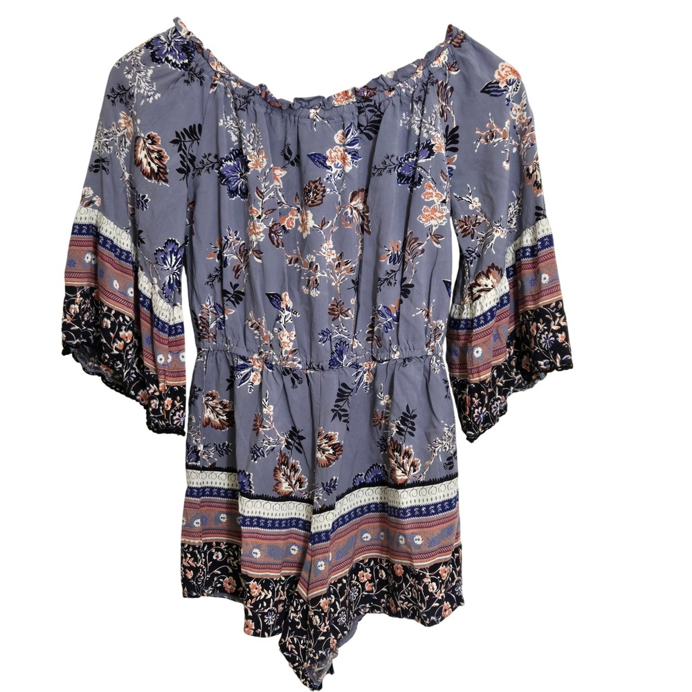 ANGIE Off Shoulder Floral Print Romper Tassel Drawstring Bell Sleeve Size S Boho - Picture 2 of 5